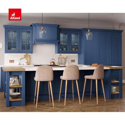 China Traditional Allandcabinet Design Traditional American Framed High End Blue Sideboard I Form Kitchen Cupboard With Overhang Island for sale