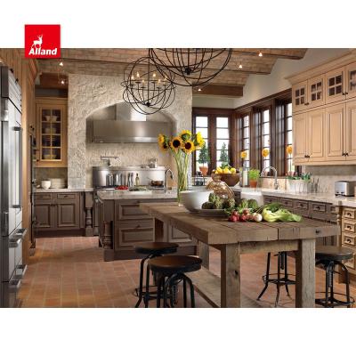 China Allandcabinet Traditional Aged American Traditional Solid Wood Kitchen Cabinet Custom Assembled Furniture With Brown Island for sale