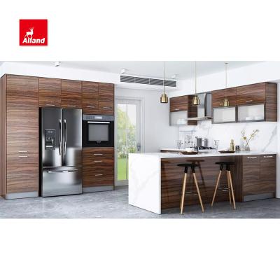 China Allandcabinet Modern Design Modern Design Wood Grain Single Hinge Custom Single Sideboard With Dark Brown Wood Grain Flat Door Panel L Shape for sale