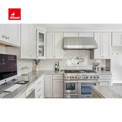 China Transitional Allandcabinet Shaker Design Kitchen Cabinet Custom North American White Lacquer Cupboard With Glass Door for sale