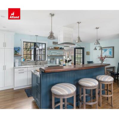 China Allandcabinet Design Shaker Style Kitchen Cabinet Transitional Simply Causal White Furniture With Blue Cottage Island for sale