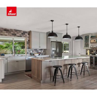 China Allandcabinet Transitional Shaker Style Kitchen Rustic Custom Kitchen Easy To Install Gray Kitchen Cabinetry With Brown Stained Island for sale