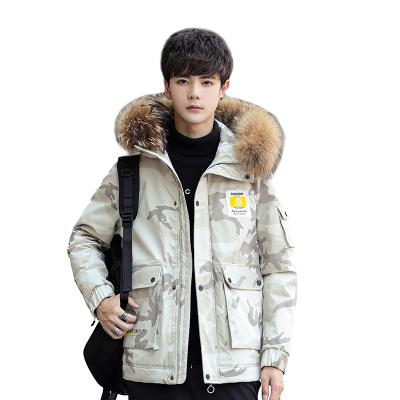 China Winter Breathable Fur Casual Edge Custom Drawstring Down Jacket Hooded Mens Warm Protection Printed Down Jacket Men for sale