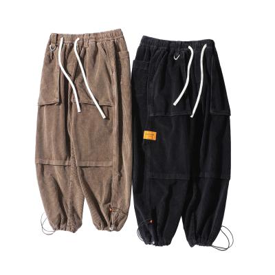 China Wholesale QUICK DRY Solid Color Casual Elastic Waist Hip Hop Harem Cargo Striped 100% Corduroy Pants With Multi Pocket For Men for sale