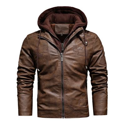 China Winter New Arrival Brown Leather Jacket Custom Made Faux Leather Hoodie Motorcycle Biker Riding Vintage Coats For Men for sale