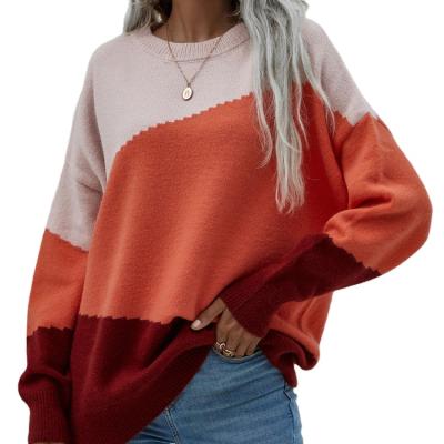 China Hot Sale Autumn Sweater Women's Mix Color Pullover Soft Sweater Tops Casual Breathable Lady Patchwork Crew Neck Long Sleeve Sweater Color for sale