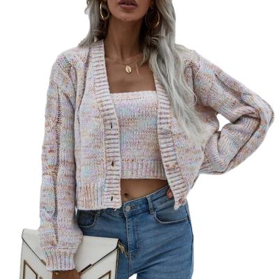 China New Arrival Autumn And Winter Crop Breathable Ladies Mix Color Long Sleeve V-Neck Knitted Cardigan Top Sweater Vest Two Piece Set for sale