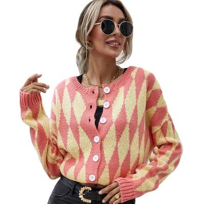 China 2021 Wholesale Fashion Autumn Stitching Color Knitted Printed Fashion High Quality Custom Women's Bright Cardigan Sweater for sale