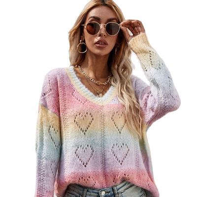 China 2021 wholesale V-neck Anti-wrinkle fashion love sweaters women's tops Autumn Knitted Printed multi-color design women's rendering for sale