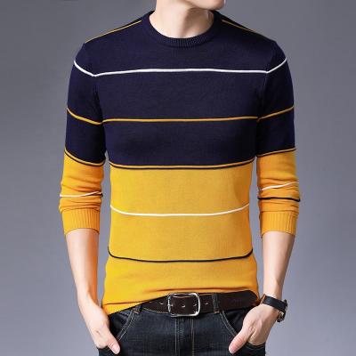 China 2021 Striped Autumn Knit Sweater Men's Fashion Anti-Wrinkle Slim Youth Knit Sweater Round Neck Long Sleeve Bottom Shirt Men for sale