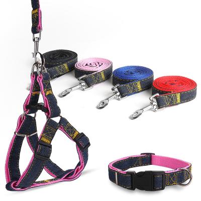 China America's Viable Hot Selling Pet Products 120CM Jean Nylon Material Dog Leash Collar Harness Sets With Black/Red/Blue/Pink Colors for sale