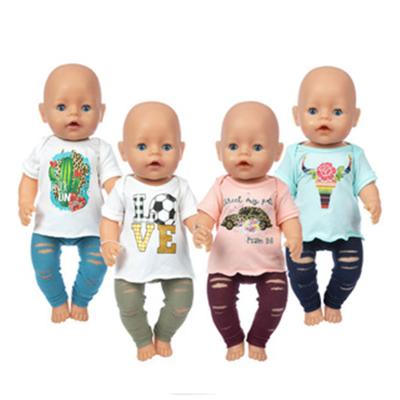 China Mini Toy Wholesale Fashion 18 Inch American Doll Clothes 43cm Toy Baby Display Print Tops Pants Sets Doll Accessories Clothes for sale