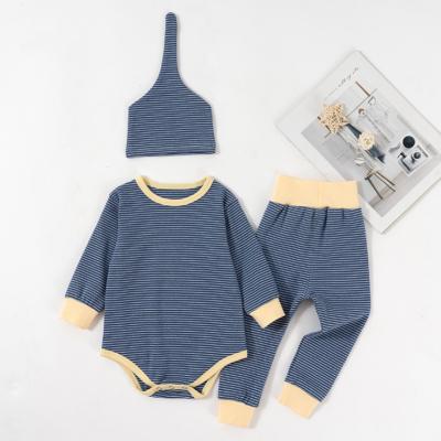 China 3 Pcs Autumn Casual Soft Stripes Hat Antibacterial Newborn Baby Clothes Baby Rompers Set Pants for sale