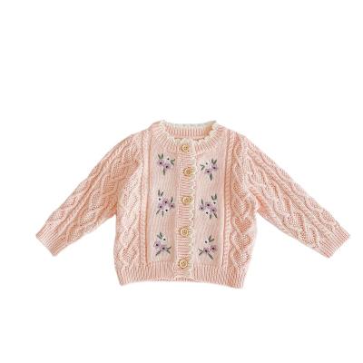 China Breathable Spring Autumn Small Flowers Embroidery Baby Clothes Knitting Yarn Cardigan Knitwear for sale