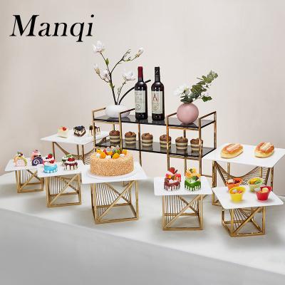 China Hotel Buffet Food Equipment Stand Custom Gold Stainless Steel Wedding High Quality Banquet Snacks Show Party Dessert Stand Snack Display Stands for sale