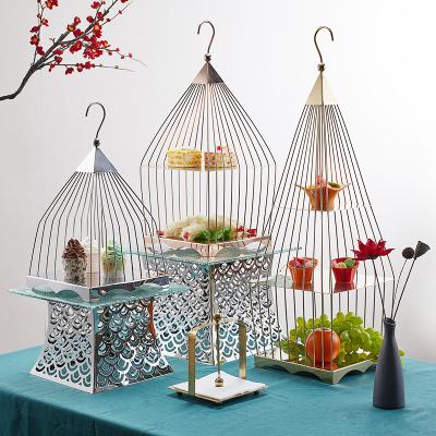 China Viable stainless steel gold buffet cake snack fruit display stand metal diamond birdcage cake stand for sale