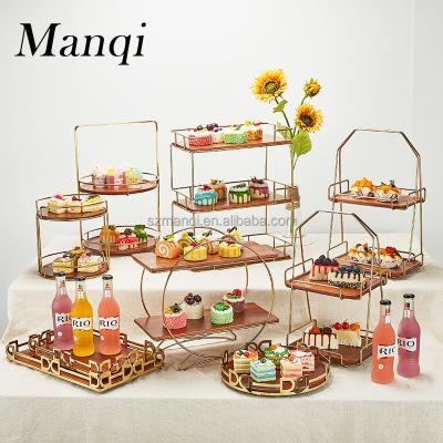 China Hotel buffet food equipment buffet decoration gold stainless steel cupcake tray holder restaurant dessert display stand set for sale