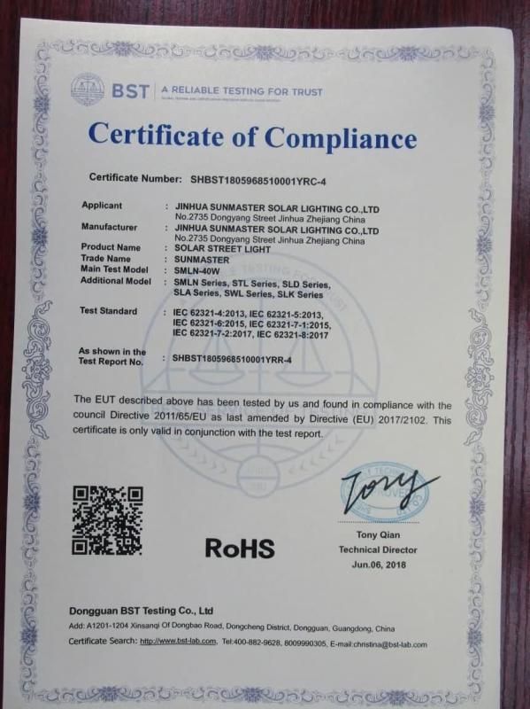 RoHS - Jinhua Sunmaster Solar Lighting Co., Ltd.