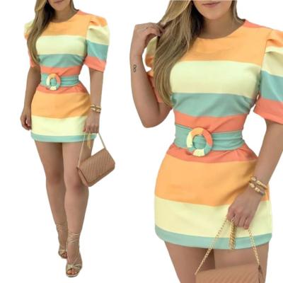 China New Summer Anti-static Colorful Striped Patchwork Elegant Dress With Belt Women Casual Dress Shorts Mini Dress for sale