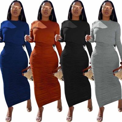 China Autumn New Design New Design Fashion Solid Color Long Sleeve Round Neck QUICK DRY Long Skirt Two Piece Suit for sale