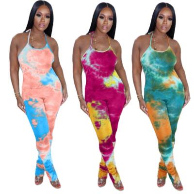 China 2021 Spring Color Tie Dye Breathable Overalls Women Printed Pleated Pants Backless Women Stacked Pant Overalls for sale