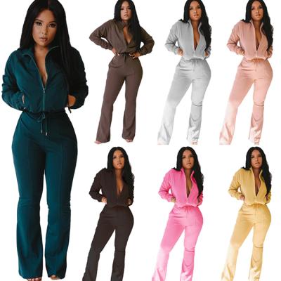 China Wholesale Casual Tracksuit Autumn Women Two Piece Set Anti-Wrinkle Lady Zipper Bell Bottoms 2 PCs Solid Color Set for sale