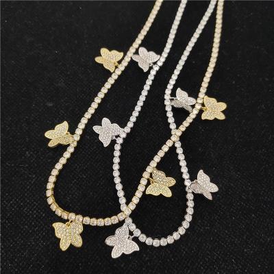 China 2020 New Hiphop Fashion Sparkle Iced Out Bling Pink CZ Tennis Chain Women Choker Necklaces Butterfly Necklace for sale