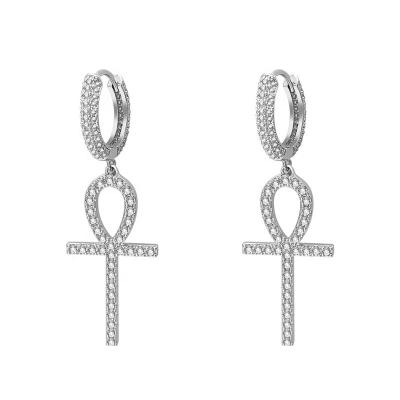 China Casual/Sporty Brass with Rhodium Plated Circle Earrings Hip Hop Lab Diamond Iced Out CZ Ankh Cross Earrings for sale