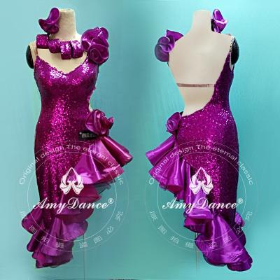 China Eco-Friendly Organza Sexy Fishtail Sequin Edge Salsa Rumba Dance Costumes Competition Latin Dance Costume for sale