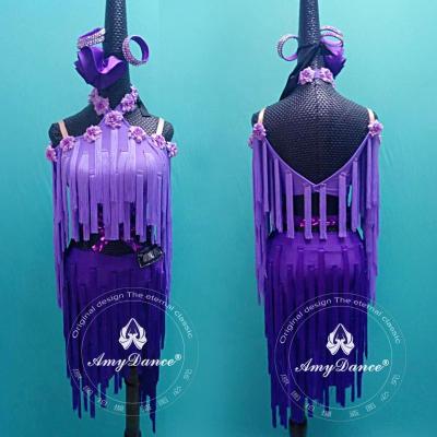 China Eco - Friendly Fringe Girls Competition Purple Latin Dance Costumes Kids for sale