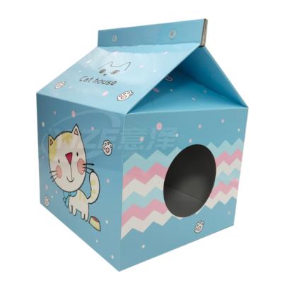 China Sustainable Cat Paper House Milk Shaped Scratch Corrugated Collapsible Cardboard Cat House for sale