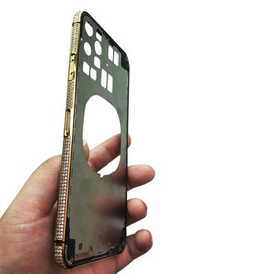 China High Protective For iPhone11 Pro Max Stainless Steel Gold Plated Housing With Zircon Metal Back Cell Phone Housing for sale