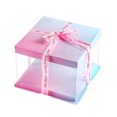 China Logo Square Tall Transparent Plastic Cake Box Birthday Party Pink Recyclable Custom Cake Boxes Wedding Cake Boxes for sale