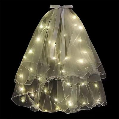 China Popular Bright Long Veil Kids Adult Beaded Double Veil Wedding Net Red Bright Ribbon Bow With Lights for sale