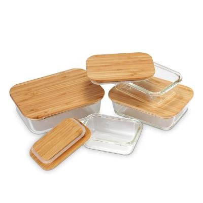 China Wholesale Heatable Food Containers Glass Heat Resistant Microwavable Food Containers With Lids Glass Bamboo Container for sale