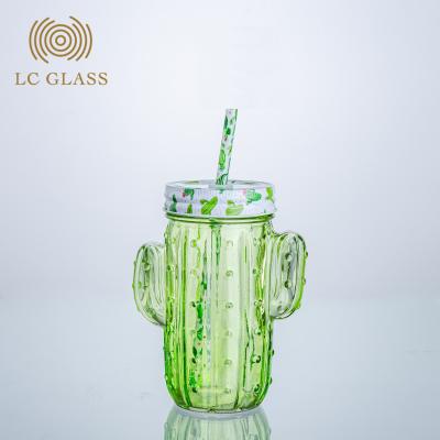 China Gift 350mL Glass Water Bottle Cactus Fruit Juice Glass With Metal Lid And Straw for sale