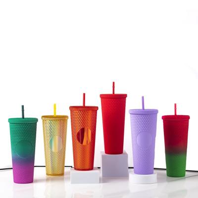 China Disposable Modern Reusable Double Wall 24oz BPA Free Plastic Diamond Drinking Cup Double Wall Plastic Tumbler With Lid And Straw for sale