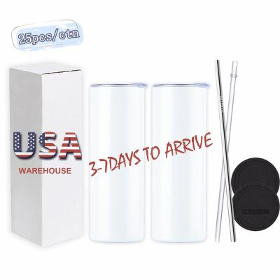 China Sustainable USA Warehouse Stocked Stainless Steel Double Wall Insulated White Straight Slim 20oz Sublimation Blank Tumbler With Straws for sale