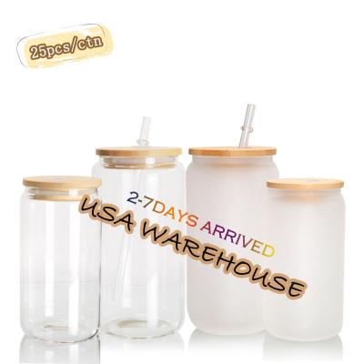 China US Warehouse 16Oz 20Oz 25Oz Stocked Sublimation Frosted Clear Reusable Beer Double Wall Water Bottle Glass Beer Cans With Bamboo Lid for sale