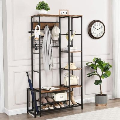 China (Other) Adjustable Hall Tree Shoe Bench Coat Hanger with Storage Shelf and Hooks Stand Rack with Shoe Rack for sale