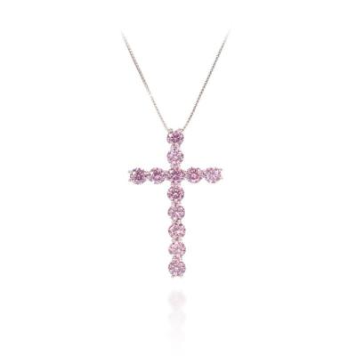 China 2021 Hiphop 18k Gold Plated Pink Zircon Cross Pendant Necklace for Men or Women for sale