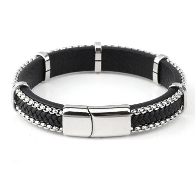 China Jewelry 2021 stainless steel man leatherengraved high quality funky men's bracelets with magnetic clasped buckle leather bracelet for sale