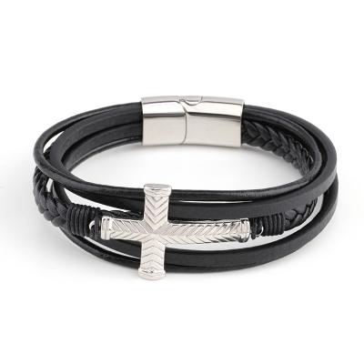 China High Quality Fashion Mens Bracelet Jewelry 2020 Stainless Steel Wrap Leather With Cross Buckle Leather Bracelet for sale