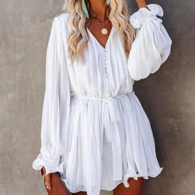 China White Lady Dresses Elegant 2021 Summer Anti-Static Women's Chiffon Dress Lace Up Anti-static V-neck Long Sleeve Ruffle for sale