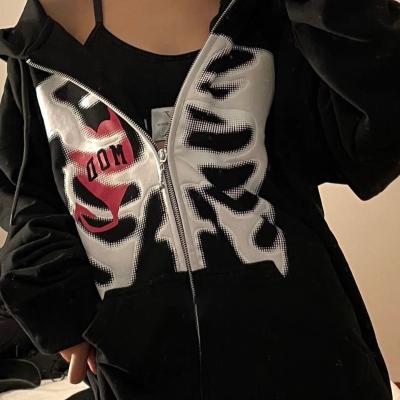 China solid color Zippered parride student girls harajuku skull print sleeve korean style hooded loose jacket long top for sale