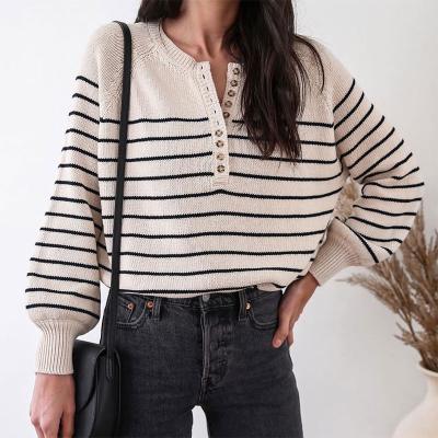 China 2021 Anti Wrinkle Women's Knitted Sweater Navy Stripe French Breasted Sweater for sale