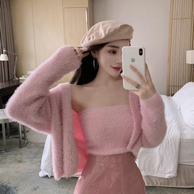 China New pink anti-pilling anti-pilling mohair loose shorts knit cardigan Autumn Winter Hong Kong Style vintage sweater coat for sale