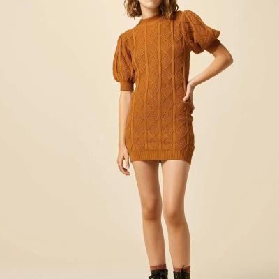 China Plus size wool knitted dress women short sleeve clothing 2021 rhombic puff sleeve super slim sweater dress pattern women soft and warm plus size for sale