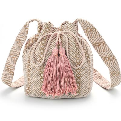 China Others Two Tassels Bucket Shoulder Bag Chevron Cotton PP Straw Crossbody Bag for sale