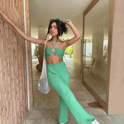 China Summer New Arrival QUICK DRY Streetwear Solid Color Ribbed Knit Halter Camisole Crop Top And Long Pants Set Women Pants Set for sale